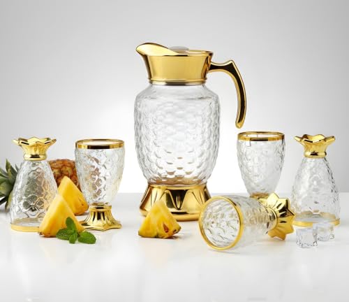 Image of Premium Golden Glass Water Jug & Glasses Set of 7, Crystal Drinking Set with 1 Pitcher & 6 Glasses, Decorative Gold Jug Set for Water, Juice, Mocktail, Home, Dining Table & Party
