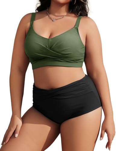 Tuopuda Costume Donna Due Pezzi Taglie Forti Push Up Imbottito Reggiseno Costumi da Bagno Bikini Mare a Spiaggia Piscina Curvy Swimwear Regolabile M-4XL, Verde+Nero, XL
