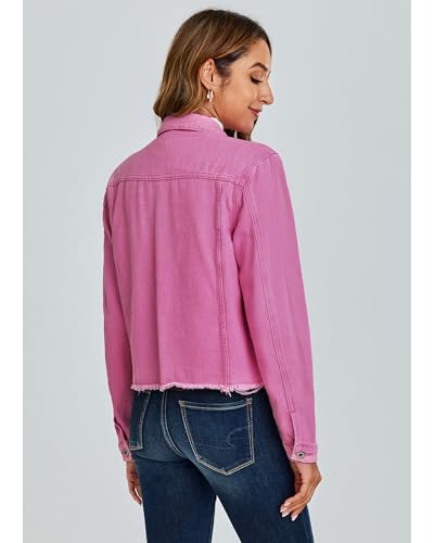 Image of luvamia Denim Jacket for Women Distressed Jean Jackets Button Up Vintage Western Trucker Jacket Frayed Hem Pockets