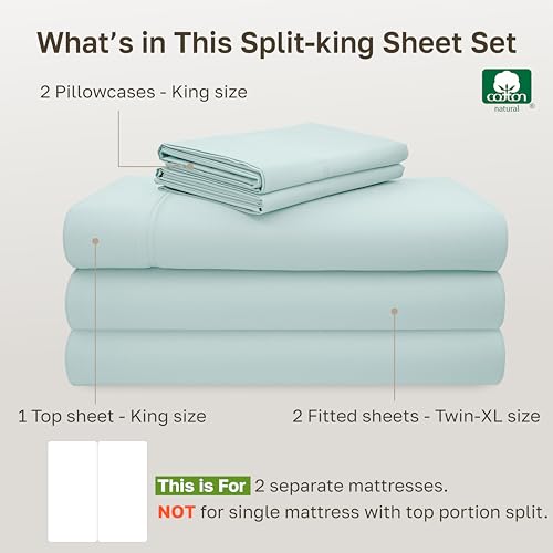 Image of California Design Den Split King Sheet Set - 600 Thread Count Sateen, 100% Cotton Aqua Blue Sheets, Deep Pockets with All Around Elastic, Snug Fit, Durable Bedding Set - Aqua