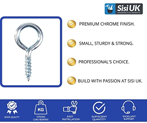 SISI UK Chrome Plated Eye Bolts Screw-in Hooks Heavy Duty Picture Frame Eye Screw Hooks Small Screw in Hooks Chrome Celling Hooks 20mm Picture Wire Hanging Pack of 100 - Image 3