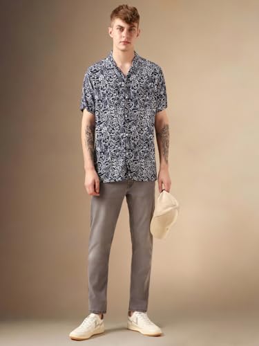 Image of Dennis Lingo Men Navy Blue Rayon Half Sleeve Cuban Collar AOP Shirts