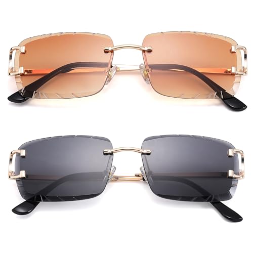 Image of Hycredi Rimless Rectangle Sunglasses for Men /Women- Frameless Square Trendy Shade - Diamond Cutting Eyewear