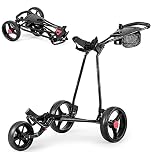 COSTWAY Folding Golf Push Pull Cart, Lightweight 3 Wheels Golfs Trolley with Foot Brake, Umbrella & Cup Holder, Adjustable Handle and Storage Bag (Black)