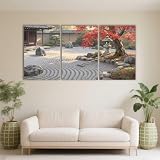 PYBILDCYJ 3 Cuadros en Lienzo Grandes Dimensiones 60x90 cm Jardín de rocas zen con arce rojo y linterna de piedra Mural Decorativo para Salón y Dormitorio | Set Tríptico, Impresión HD (Sin Marco)