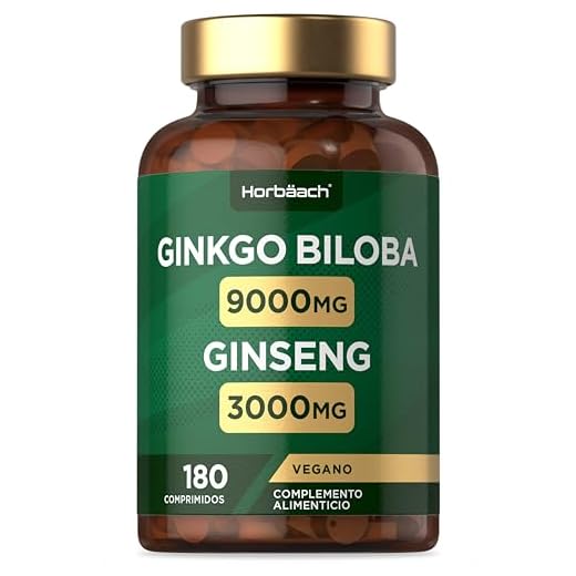 Ginkgo Biloba + Ginseng | Ginkgo 9000mg & Korean Ginseng Root 3000mg | Alta Potencia | 180 Comprimidos Veganos | by Horbaach