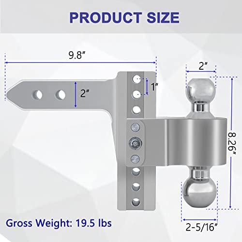 Adjustable Trailer Hitch 6 Inch Drop/Rise Hitch Ball Mount, Aluminum Tow Hitch With 2 Pins Locks, Ball Mount Hitch Fits 2 Inch Receiver, 2 And 2-5/16 Inch Chromed Steel Balls, 12,500 Lbs Gtw #TOP3