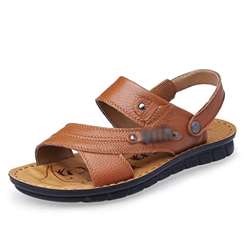 Men's Beach Shoes Sandals Cow Leather Slippers Breathable Purpose Men's Sandals(43)