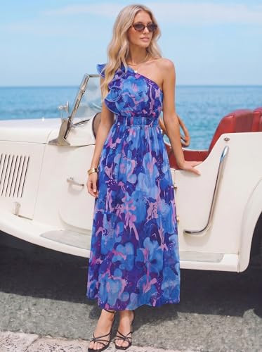 Image of ZESICA Women's 2026 Summer Floral Sleeveless Maxi Dress | One Shoulder, Sleeveless, Ruffle, High Waist, Beach Wedding Guest, Vacation, Graduation, Bridal Shower, Boho Long Dresses