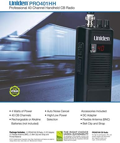 Uniden PRO401HH Professional Series 40 Channel Handheld CB Radio, 4 Watts Power with Hi/Low Power Switch, Auto Noise Cancellation, Belt Clip and Strap Included
