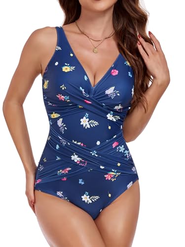 Image of Smismivo Tummy Control Swimsuits for Women Slimming One Piece Bathing Suit Retro Ruched Push Up Vintage Padded Swimwear