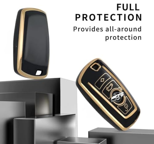 Image of TPU Car Key Cover Black & Golden Compatible for (BMW, 4 Button Push Smart Key)