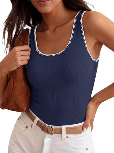 BTFBM Summer Tank Tops for Women 2026 Sleeveless Lightweight Ribbed Knit Shirts Casual Sweater Vest Cute Going Out Top(Navy Blue, Medium)