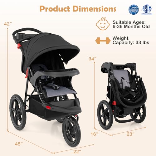HONEY JOY Jogging Stroller, Foldable Running Stroller w/Adjustable Canopy & Recline Seat, 2 Cup Holders, Snack Tray, Storage Basket, Bicycle Tires, Baby Jogger Stroller for Infants to Toddlers (Black)