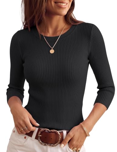 LOMON LOMON Womens Sweater 2026 Summer Fall Sweaters 3/4 Sleeve Crewneck Fitted Tops Lightweight Knit Pullover Basic Clothes