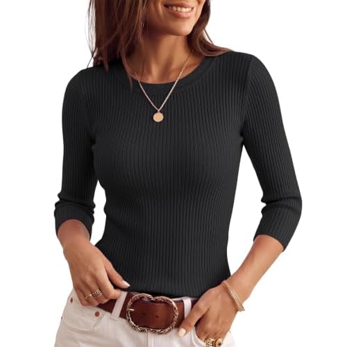 LOMON Womens Sweater 2026 Summer Fall Sweaters 3/4 Sleeve Crewneck Fitted Tops Lightweight Knit Pullover Basic Clothes