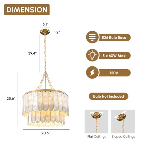 Weibath Modern 5-Light Shell Chandelier, 2-Tiered Faceted Pendant Light with Gold Metal Frame, E26 Lighting Fixture for Dining Room, Bedroom, Living Room - Image 2