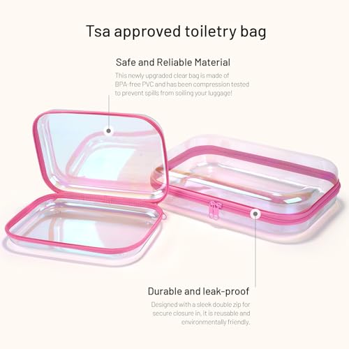 Toiletry Bag,Water Resistant Cosmetic Organizer for Bathroom,2 Pcs Quart Size Clear Iridescent Hard Shell Zipper Case for Toiletries,Portable Storage for Women girls,Travel Essentials4