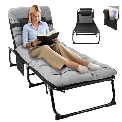 LIFERUN Lettino prendisole pieghevole con materasso impermeabile,sedia a sdraio con schienale regolabile in 4 Posizioni, portatile, 190x68x31 cm per interni,balcone,Giardino,Spiaggia, Campeggio