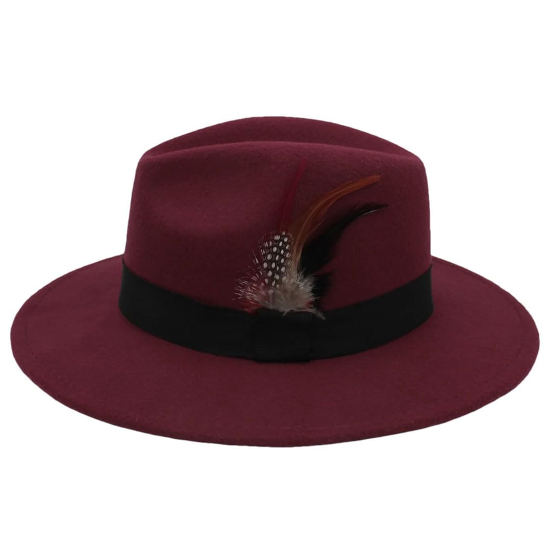 Cappelli Panama in lana da uomo e da donna, a tesa larga, con fascia con piume, stile classico per feste