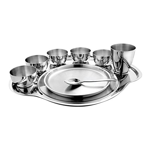 Image of Prabha Stainless Steel Dinner Set of 9 Pcs | Shagun Rajwada Silver Thali Set For Serving |Bhojan Thal Kitchen Dinnerware Set Ideal Gifting Anniversary, Wedding |Durable, Cleanable, Useable, High Grade