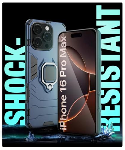 Image of WOW IMAGINE Shock Proof Back Case Mobile Cover for iPhone 16 Pro Max | Back Cover Case (Tough Armor | Hybrid PC + TPU | Ring Holder & in-Built Kickstand | Blue)