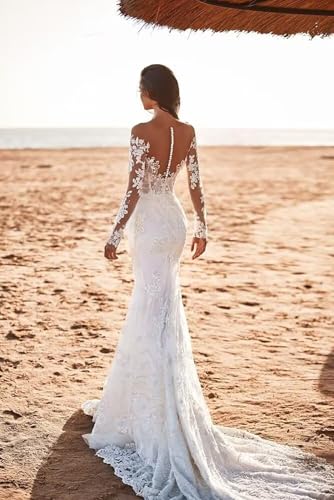 Mermaid Wedding Dresses for Bride Long Sleeve Beach Bride Dress with Train LW042