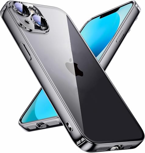 Image of VONZEE Transparent Cover Compatible with iPhone 14 Case 6.1 inch, Luxury Electroplated Soft Edge Bumper Case, Full Camera Protection & Reinforced Corners Shockproof Case Cover,Black