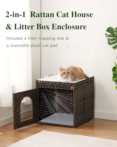 Image of SETVSON Cat Litter Box Enclosure, PE Rattan Hidden Kitty House, Brown | PE Rattan Kitty House, Reversible Double-Sided Pad, Litter Mat, 2 S-Hooks, Iron Frame, 18.5x20.5x19.1 In Cat Cabinet