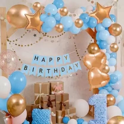 Image of Just Party Set of 64 Pcs - Light Blue Cardboard Happy Birthday 13 Letters Banner String , Gold Star, Gold Heart , Gold Metallic Balloon , Blue And White Pastle Balloons Theme Backdrop
