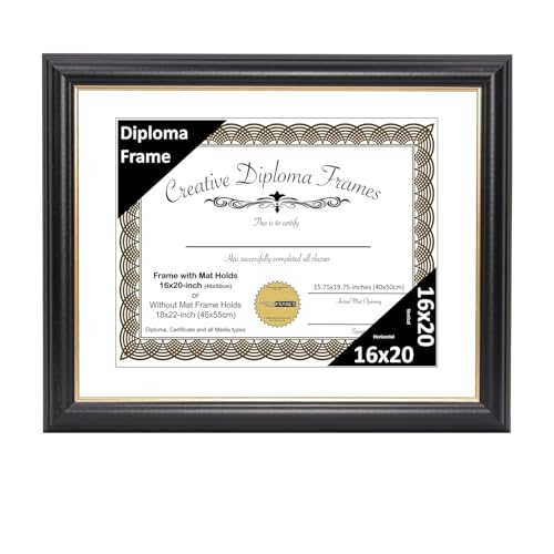 Creative Picture Frames 16" x 20" Rockefeller Black with Gold Rim Diploma Frame, Displays 16" x 20" Certificate or 18" x 22" Document without Mat, College Degree Frame, Full-Strength Glass, White Mat