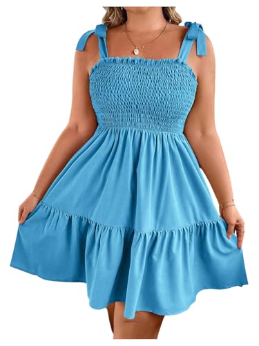 Image of Floerns Women's Plus Size Summer Knot Tie Shoulder Ruffle Straps Flounce Flowy Smocked Sundress Shorts Dress