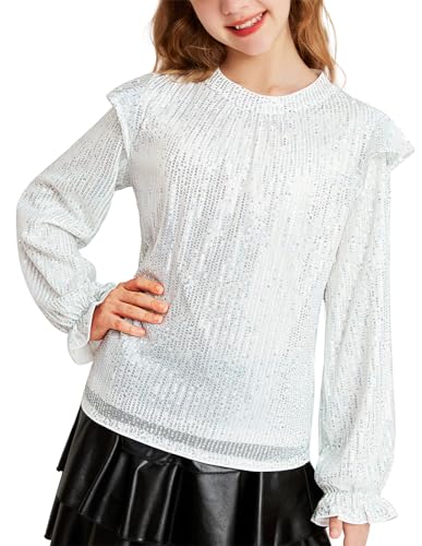 GRACE KARIN Mädchen Pailletten Tops Komplett Gefüttert Glitter Party Bluse Oberteil mit Rundhalsausschnitt Weiß 6-7 Jahre