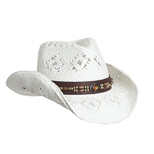 Vamuss Straw Cowboy Hat W/Vegan Leather Band & Beads, Shapeable Brim (White) #TOP6