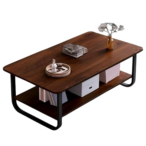 Image of Engineered Wood Coffee Table with Metal Base & 2 Tier Storage | Modern Rectangle Center Table for Living Room Sofa Set | Easy DIY Assembly (90 x 48 x 48 cm) (Brown - Black)