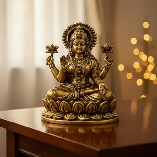 Image of eCraftIndia Golden Brass Goddess Maha Lakshmi Idol Laxmi Maa Murti Home Decor, Pooja Room Temple