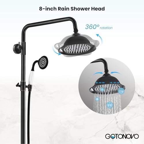 gotonovo Juego de Ducha Expuesta en Bronce Aceitado, Manija de Palanca de Cerámica | Sistema de Grifería para Baño de Latón con Cabezal de Lluvia de 8’’ con Rociador de Mano y Pico para Tina, 2 Manijas de Palanca, Altura Ajustable miniatura 3