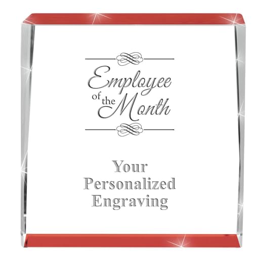 Crown Awards Customizable Crystal Trophy, 3" Engraved Employee of The Month Red Spotlight Crystal Award