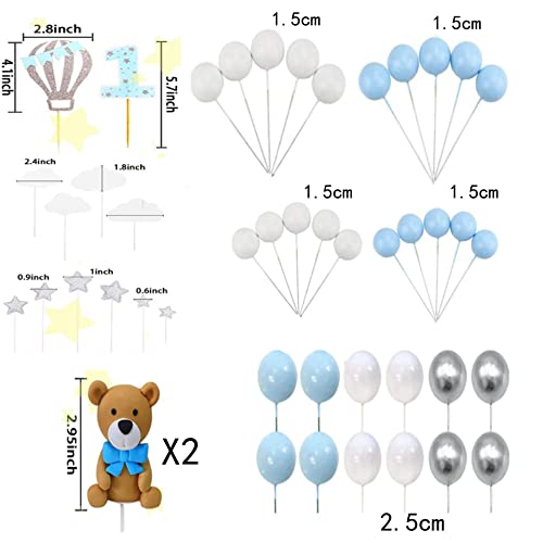 Gooparty 42Pcs Blue Tie Bear Teddy First Birthday Party Cake Decorations Metal Ballon Bears Star Hot Air Number 1 Cupcake Topper Baby Boy One Birthday Favor (Blue) #TOP1