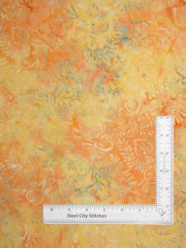 FlashPhoenix Quality Sewing Fabric – Leaves Fronds Indonesian Batik Fabric Orange Yellow 100% Cotton Yard Size: 36" x 44"