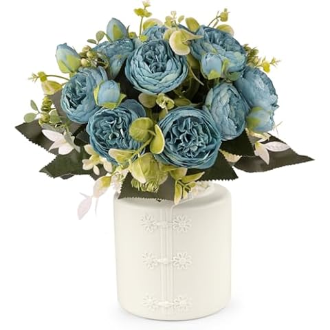 Elecxlink Fake Flowers in Vase Indoor, Artificial Faux Peony Flowers with Vase, Vase with Artificial Flowers Arrangement Home Decor, Fake Faux Silk Flowers in Vase for Home Wedding Party Table Decor Cover