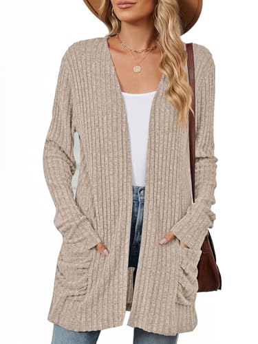 Image of Les umes Womens Open Front Lightweight Knit Cardigans V Neck Loose Long Sleeve Sweaters with Pockets