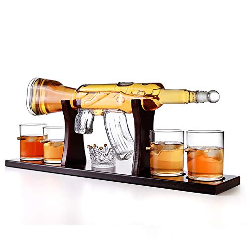 Gun Large Decanter Set Bullet Glasses, Whisky Decanter Set, con 4 Vasos de Bala de Whisky, Bol de Piedra de Hielo, Base de Madera de Caoba, Excelentes Regalos para Cualquier Persona