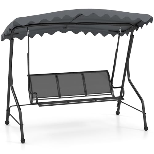 Image of Tangkula 3 Person Porch Swing, Patio Swing with Adjustable Canopy, Heavy-Duty Metal Frame & Breathable Seat, Outdoor Metal Swing for Backyard, Poolside, Balcony, Garden, 1000 lbs Max Load (Grey)