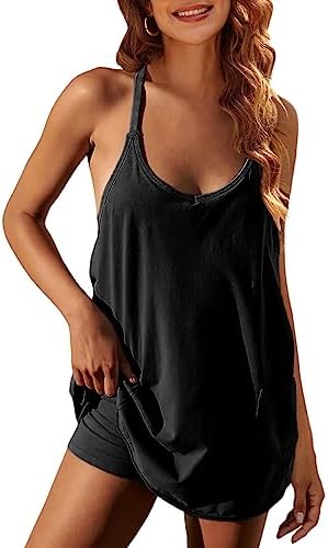 Zhiyouni Women's Summer Sleeveless Mini Dress V Neck Spaghetti Straps Athletic Built-in Shorts Sundress(Black-M)