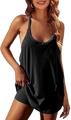 Zhiyouni Women's Summer Sleeveless Mini Dress V Neck Spaghetti Straps Athletic Built-in Shorts Sundress