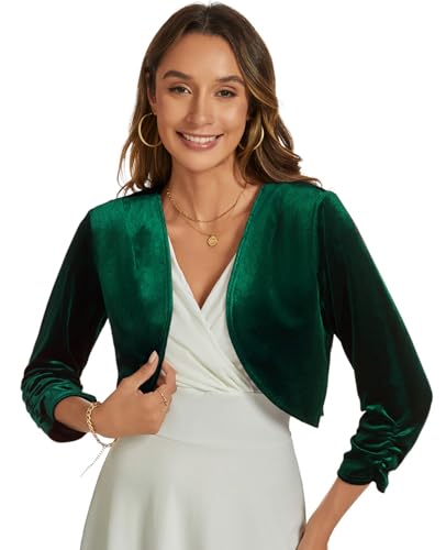 Image of Womens Velvet Bolero Shrug Elegant Open Front Ruched 3 /4 Sleeve Cocktail Party Cropped Cardigan