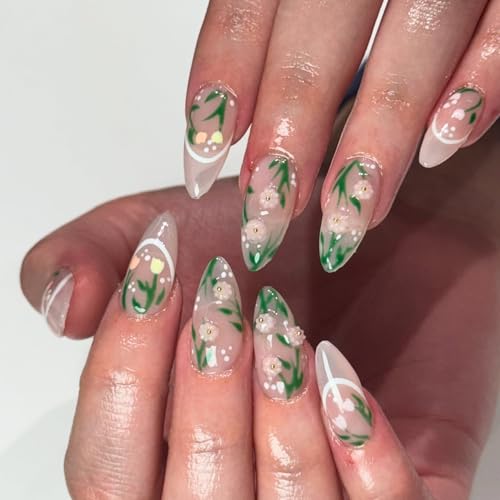 Spring Press on Nails Almond Green Floral Designs Medium Fake Nails with Leaf and 3D Flower Nail Art Clear Nude Base Glossy Full cover Stick on False Nail Set for Women 24 Pcs