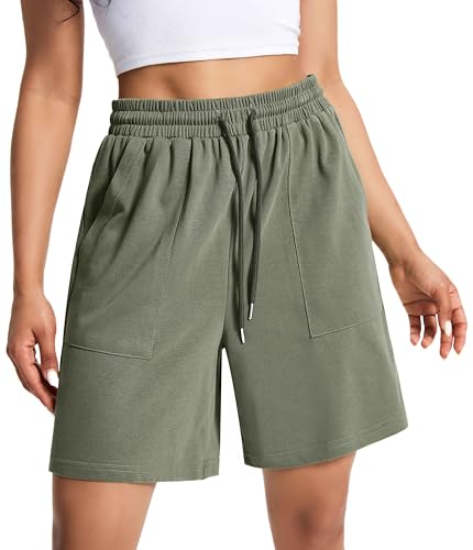 Auriviz Pantalones Cortos de algodón para Mujer, Casuales, de Verano, Sueltos, con cordón, para Descansar, Correr, atléticos, con Bolsillos, Verde Militar, S