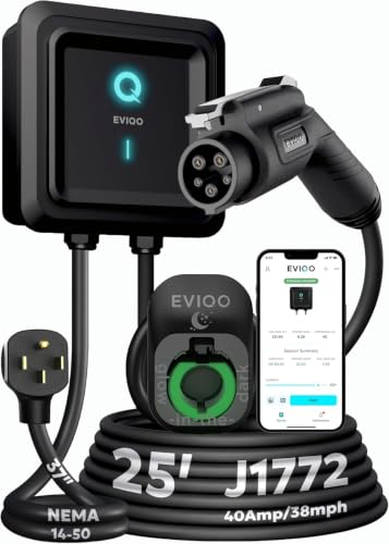 EVIQO Level 2 EV Charger, 40 Amp 240V, J1772 for Non-Tesla EVs, 25ft Cable, WiFi (2.4GHz) Smart App, Weatherproof Indoor/Outdoor (IP66, NEMA 4), UL & ETL Certified, NEMA 14-50 Plug-in, 9.6kW